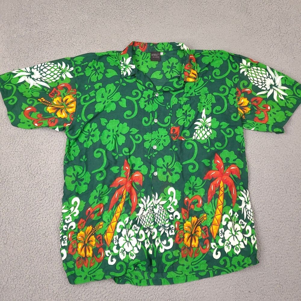 Koko Knot‎ Hawaiian Shirt Mens XL Green Floral Palm Camp Short Sleeve Button Up